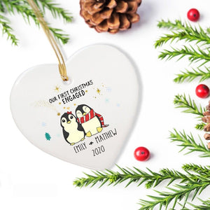 Adorno de compromiso de pingüino personalizado, nuestro primer adorno de compromiso navideño