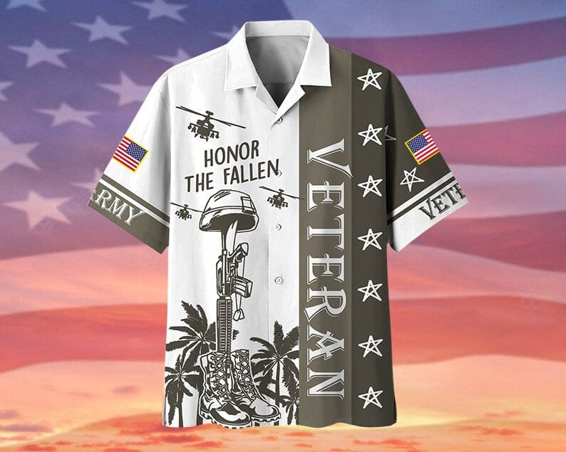 Camisa hawaiana con el lema "Honrar a los veteranos caídos", camisa hawaiana de veterano de EE. UU.