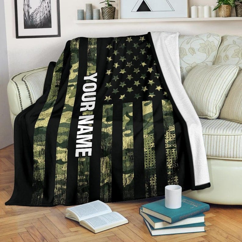 Army Fleece Blanket, Camo American Flag Fleece Blanket