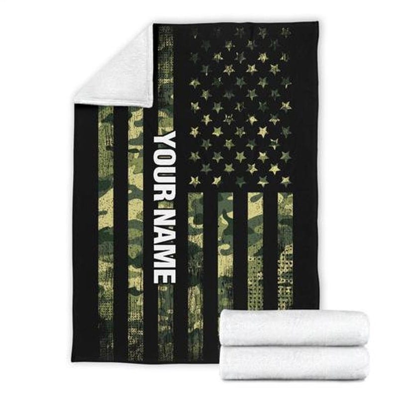 Army Fleece Blanket, Camo American Flag Fleece Blanket