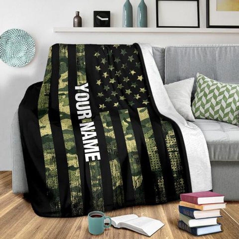Army Fleece Blanket, Camo American Flag Fleece Blanket