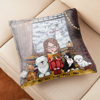 Personalized Woman Pillow - Girl and Dogs Enjoy Reading a Book Together While Camping in a Tent