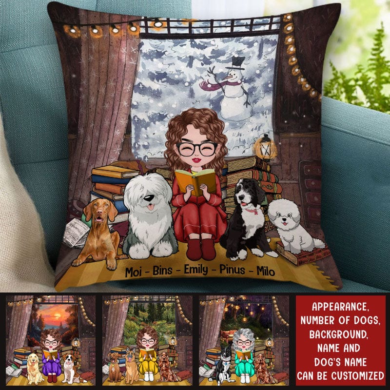 Personalized Woman Pillow - Girl and Dogs Enjoy Reading a Book Together While Camping in a Tent