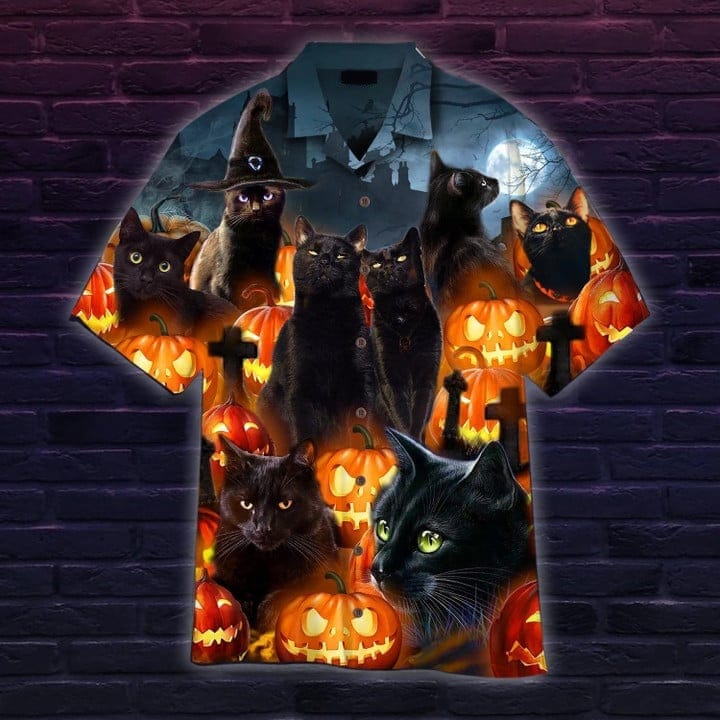 Black Cat Halloween Hawaiian Shirt, Black Cat Halloween Shirt