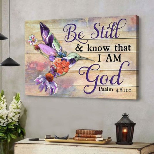 Póster en lienzo con versículo bíblico inspirador: quédate quieto y conoce - Arte de pared con colibríes y flores, Salmo 46:10