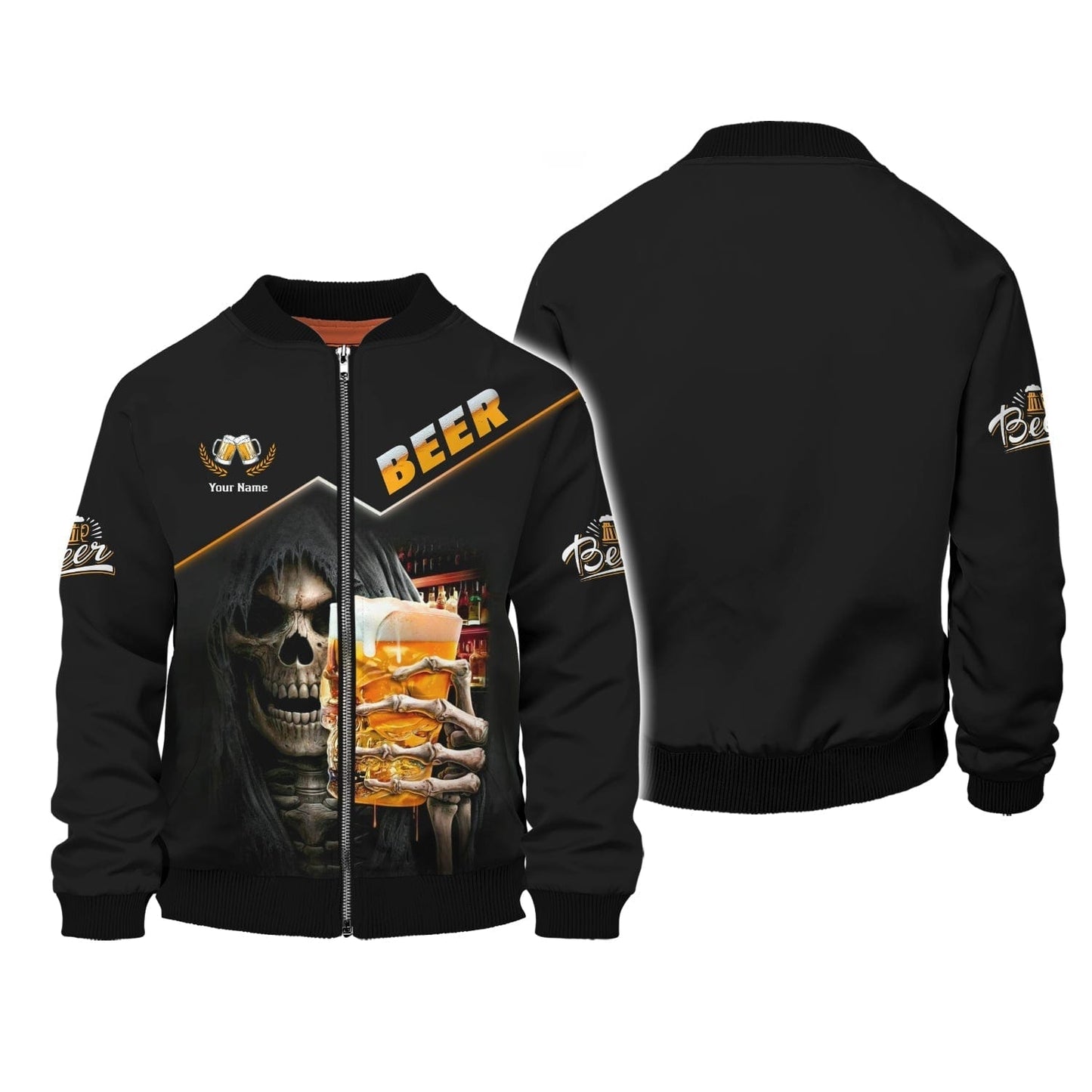 Beer Skull Cup Personalized Name 3D Zipper Hoodie Gift For Beer Lovers, All Over Printed