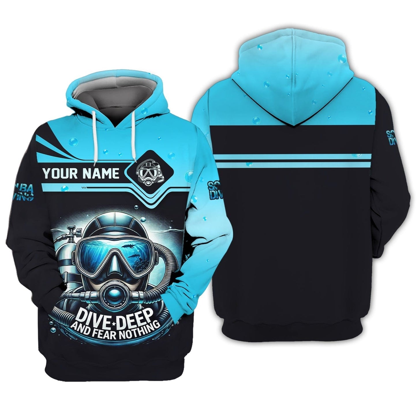Scuba Diving Custom Name 3D Shirt Dive Deep And Fear Nothing Personalized Gift For Diver Lovers, All Over Printed