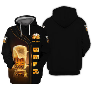 Love Beer 3D Custom Name Zipper Hoodie Personalized Gift For Beer Lovers, All Over Printed