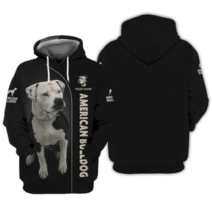 3D Full Print American Bulldog Zipper Hoodie Personalized Name Gift For Dog Lovers, All Over Printed