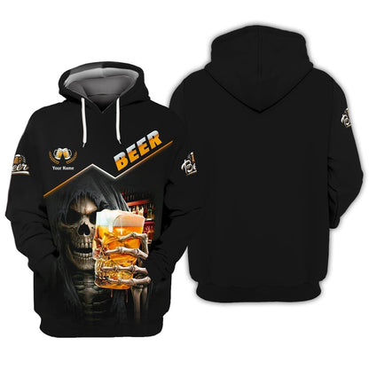Beer Skull Cup Personalized Name 3D Zipper Hoodie Gift For Beer Lovers, All Over Printed