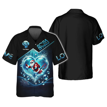 3D Full Print Santa Claus Scuba Diving Heart Shirts Personalized Name Gift For Diver Lovers, All Over Printed