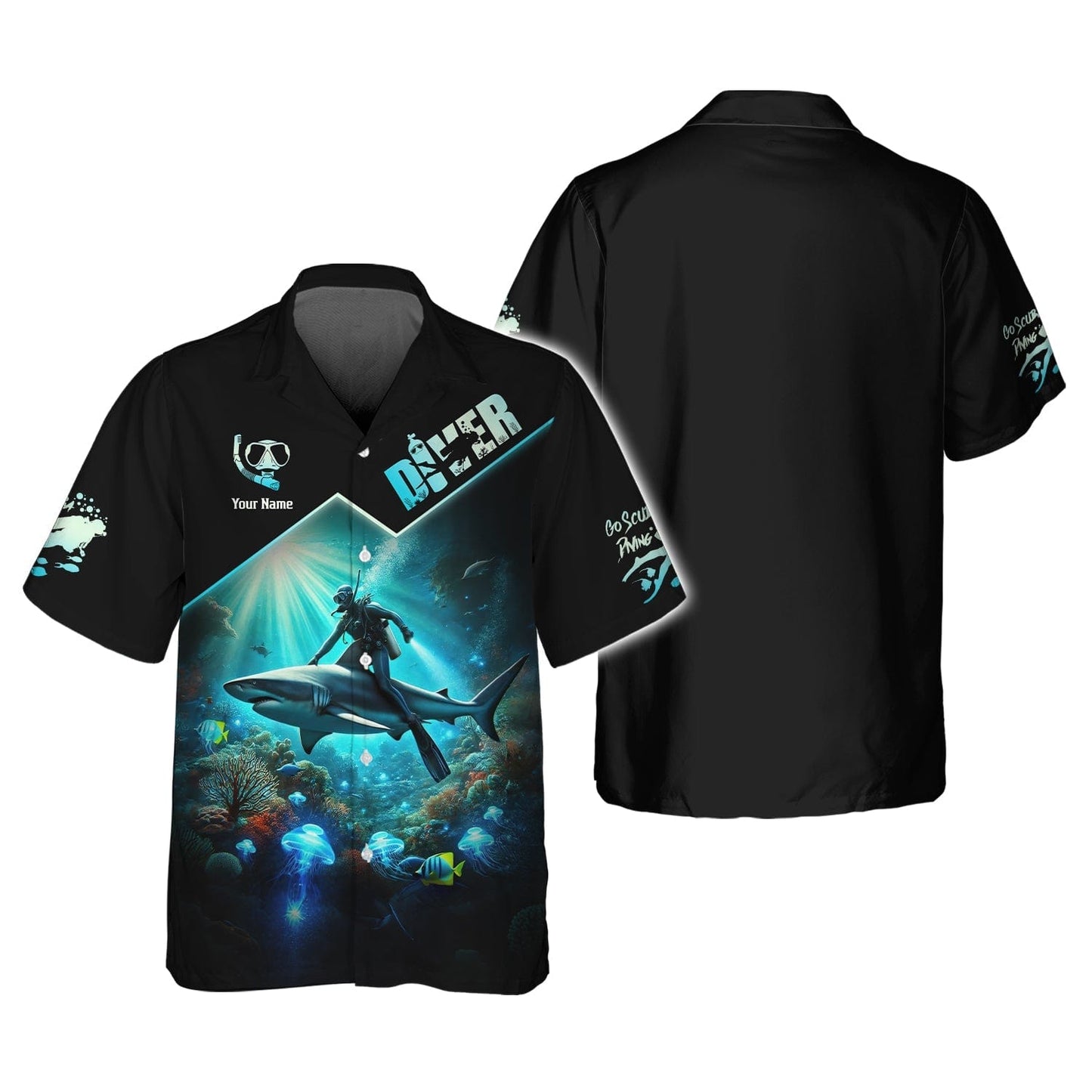 3D Full Print Diver T-Shirt Underwater Adventure With Sharks Personalized Name Gift For Diver Lovers, All Over Printed