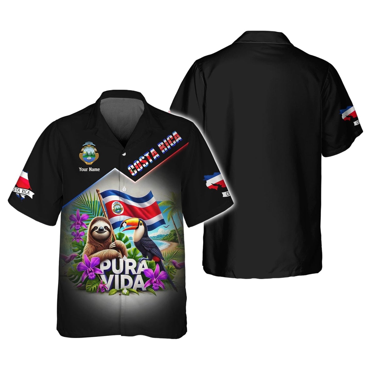 Pura Vida 3D Shirt Customizable With Name Featuring Sloth And Toucan, All Over Printed