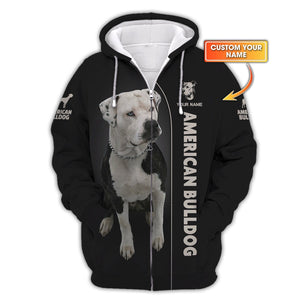 3D Full Print American Bulldog Zipper Hoodie Personalized Name Gift For Dog Lovers, All Over Printed