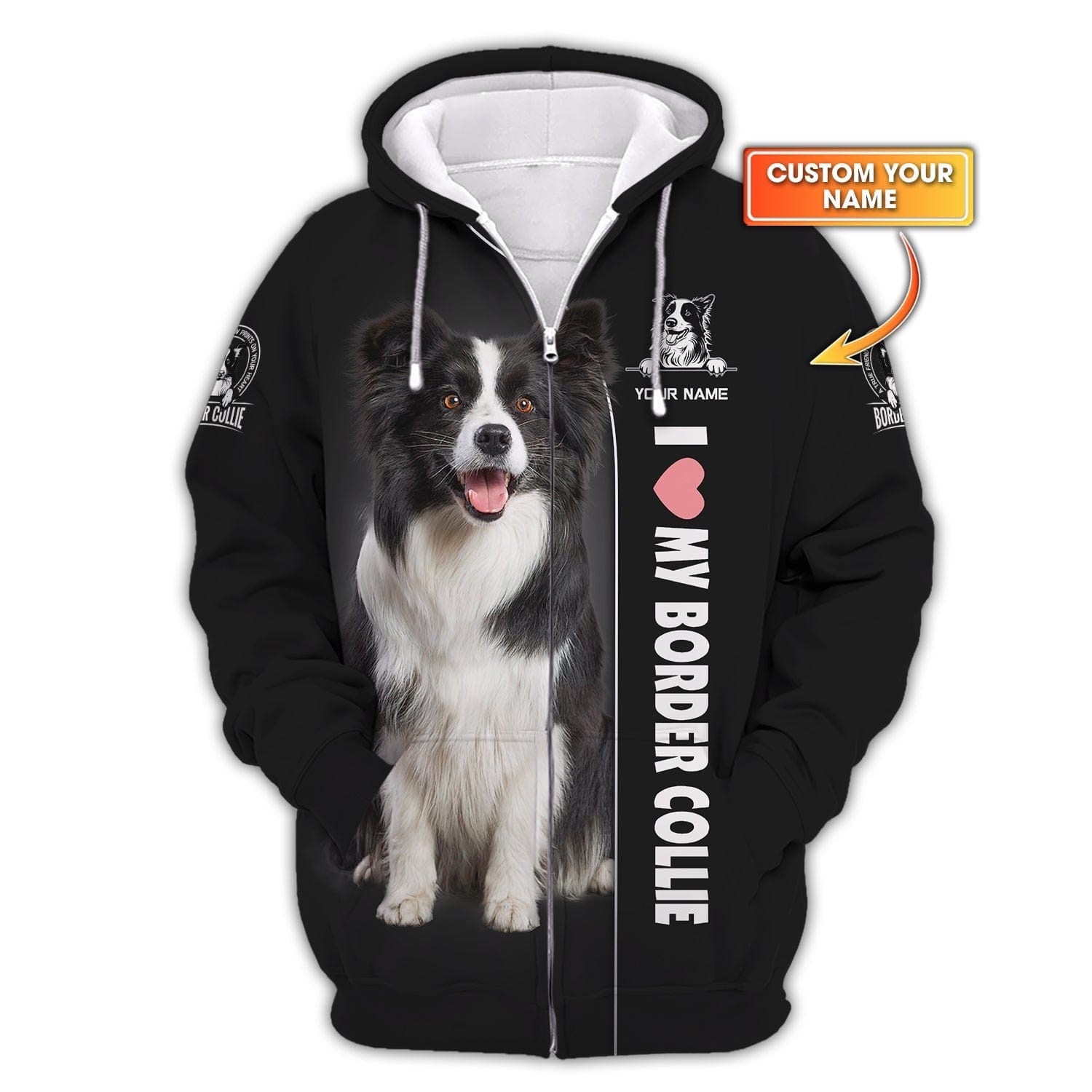 Border Collie Custom Name Zipper Hoodie Gif For Dog Lover 3D Shirts, All Over Printed