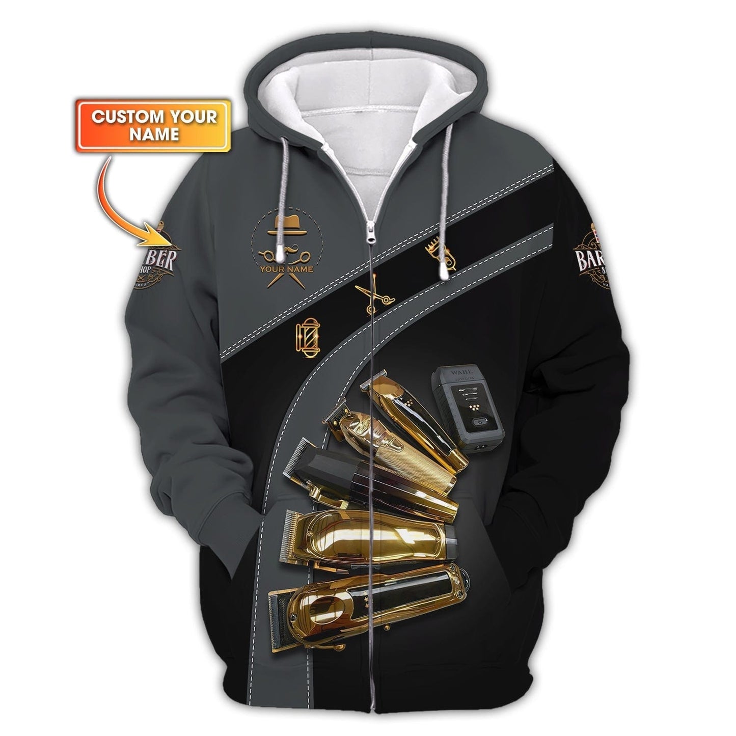 Barber Tools Personalized Name 3D Zipper Hoodie Custom Name Gift For Barbers, All Over Printed