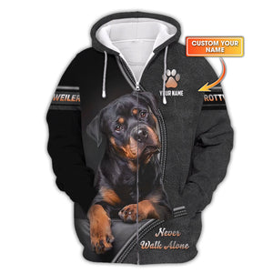 Rottweiler Custom Name Zipper Hoodie Never Walk Alone Gift For Dog Lover 3D Shirts, All Over Printed