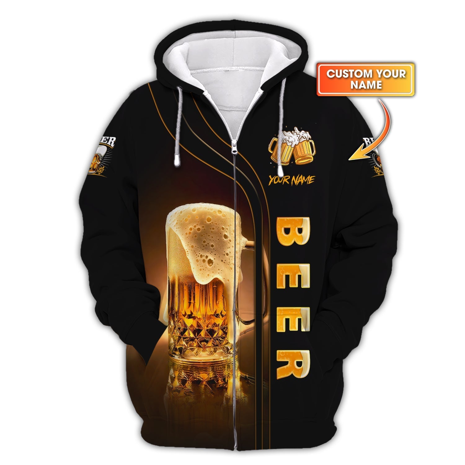 Love Beer 3D Custom Name Zipper Hoodie Personalized Gift For Beer Lovers, All Over Printed