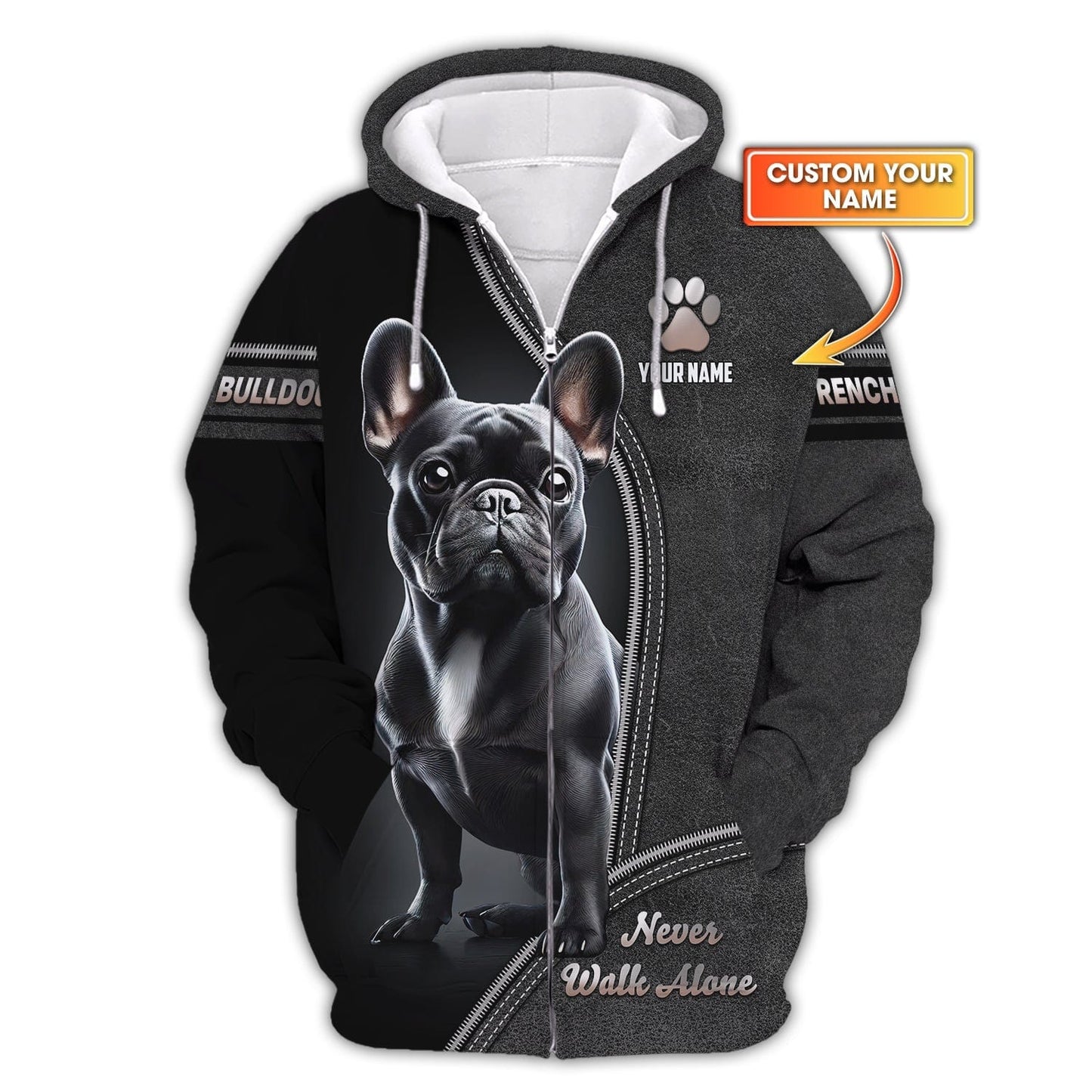 3D Full Print French Bulldog Zipper Hoodie Personalized Name Gift For Dog Lovers, All Over Printed
