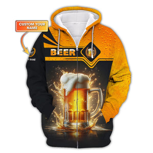 Beer Cup Unisex Zipper Hoodie Personalized Name Shirt For Beer Lovers, All Over Printed