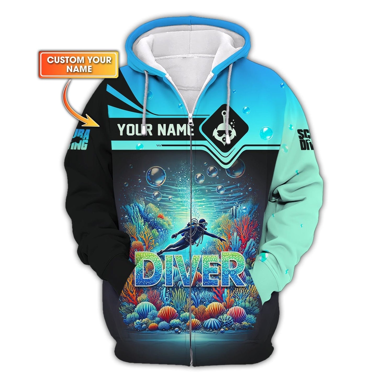 Scuba Diving Explore The Ocean Custom Name 3D Zipper Hoodie Personalized Gift For Diver Lovers, All Over Printed
