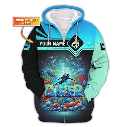 Scuba Diving Explore The Ocean Custom Name 3D Zipper Hoodie Personalized Gift For Diver Lovers, All Over Printed