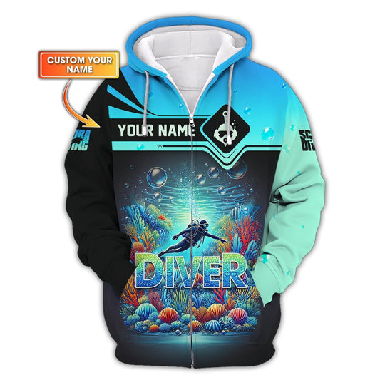 Scuba Diving Explore The Ocean Custom Name 3D Zipper Hoodie Personalized Gift For Diver Lovers, All Over Printed