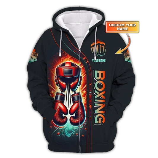 3D Full Print Helmet And Red Boxing Gloves Zipper Hoodie Personalized Name Gift For Boxer Lovers, All Over Printed