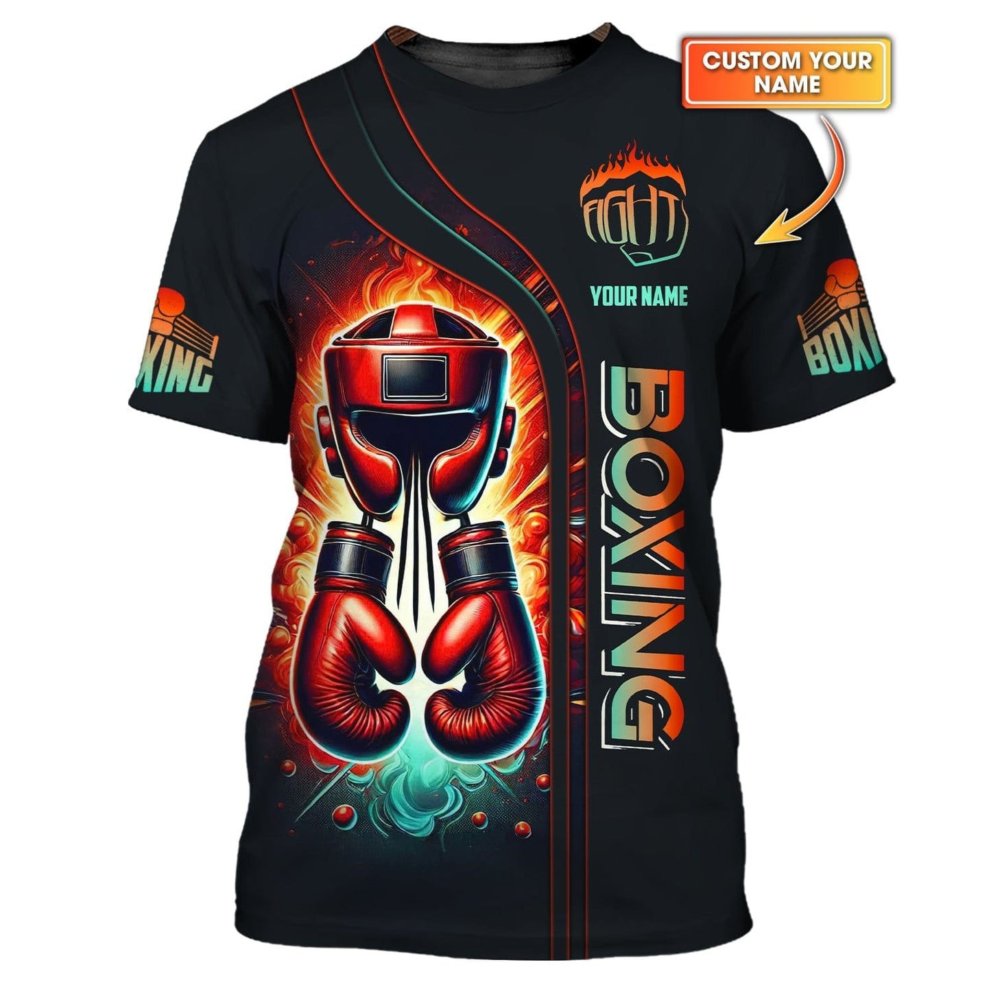 3D Full Print Helmet And Red Boxing Gloves Shirt Personalized Name Gift For Boxer Lovers, All Over Printed