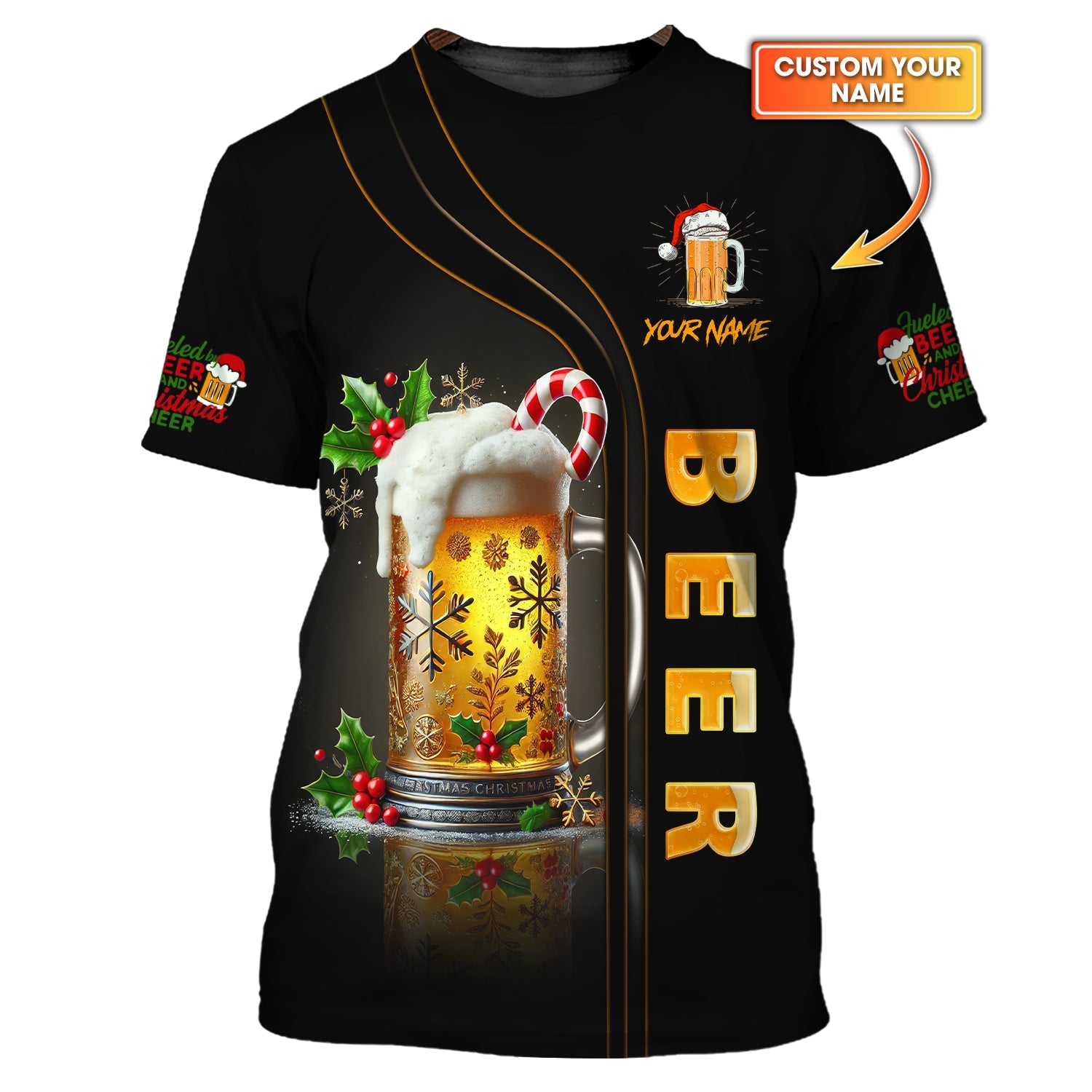 Unisex Christmas Beer Mug T-Shirt Personalized Name T-Shirt for Beer Lovers, All Over Printed