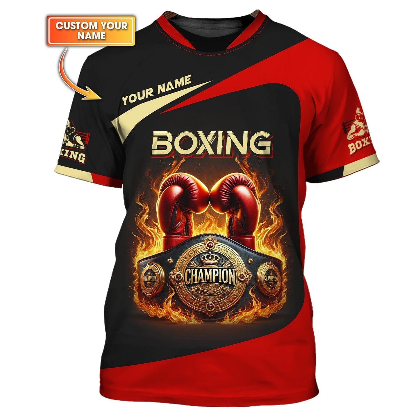3D Full Print Boxing T-Shirt Fiery Gloves And Belt Personalized Name Gift For Boxing Lovers, All Over Printed