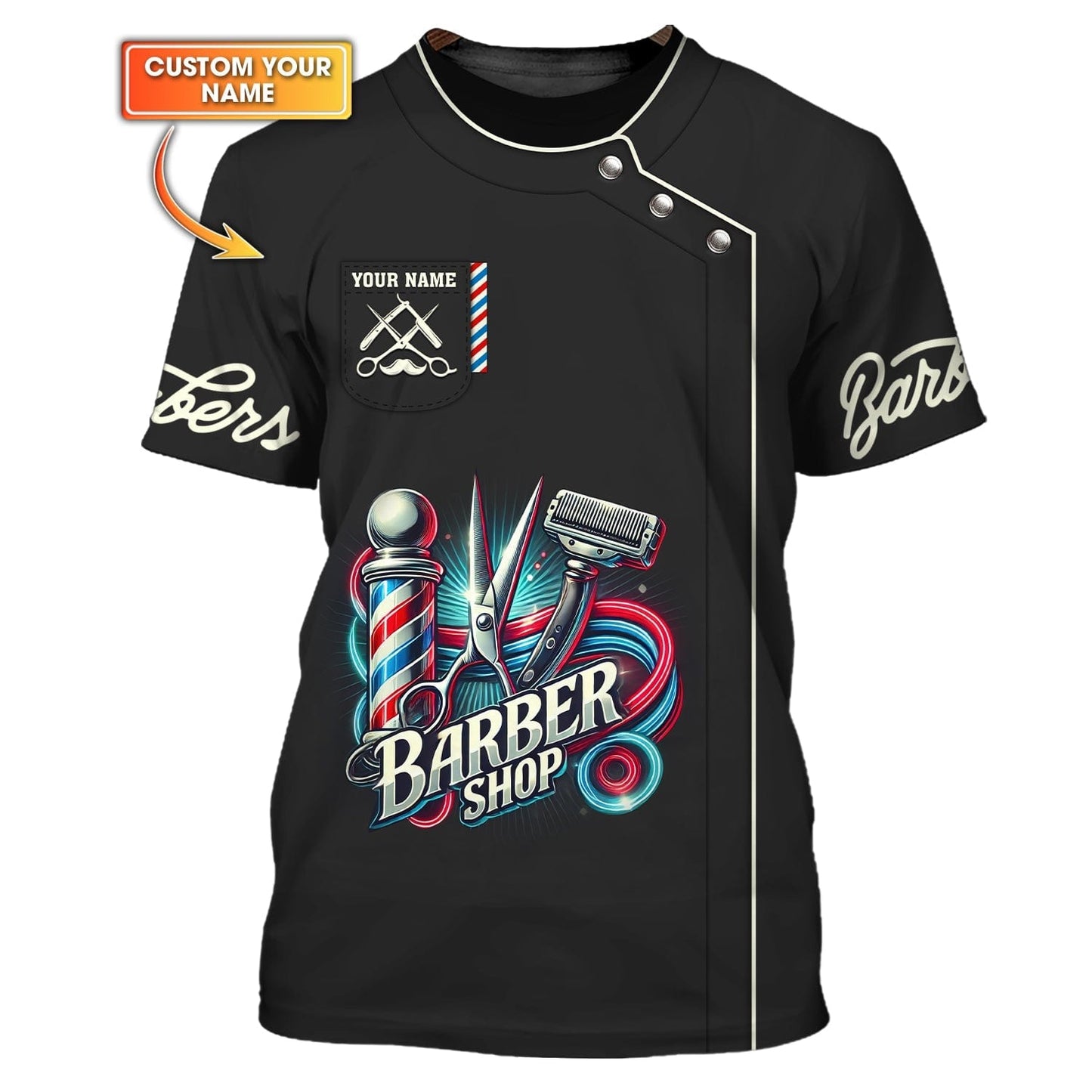Colorful Barber Tools Custom Name 3D T-Shirts Barber Shop Shirt Gift For Barber Lovers, All Over Printed