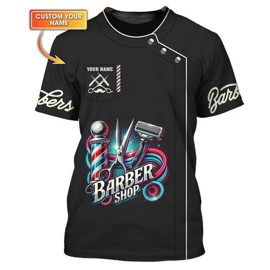 Colorful Barber Tools Custom Name 3D T-Shirts Barber Shop Shirt Gift For Barber Lovers, All Over Printed