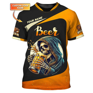 Skeleton Drinking Beer Personalized Name Shirt Custom Gift For Beer Lovers, All Over Printed