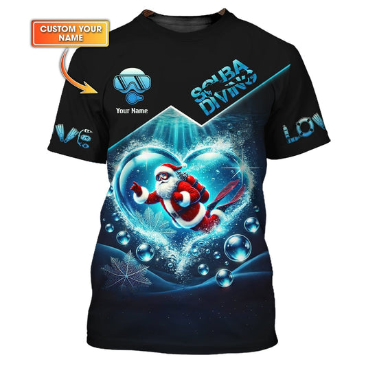 3D Full Print Santa Claus Scuba Diving Heart Shirts Personalized Name Gift For Diver Lovers, All Over Printed