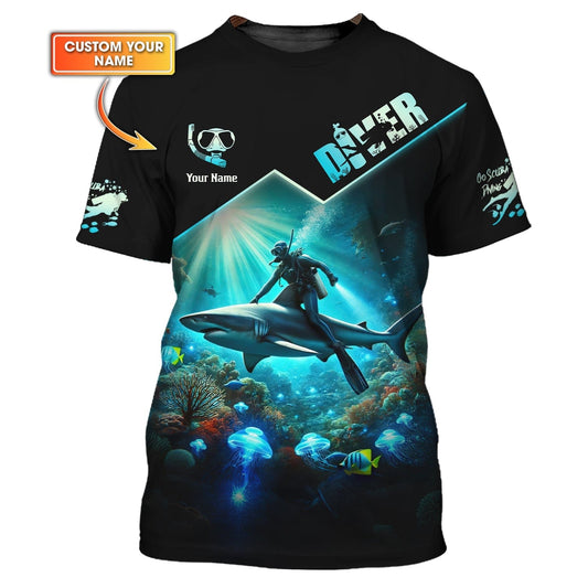 3D Full Print Diver T-Shirt Underwater Adventure With Sharks Personalized Name Gift For Diver Lovers, All Over Printed