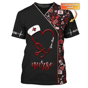 3D Full Print Stethoscope Heart T-Shirts Personalized Name Gift For Nurse Lovers, All Over Printed