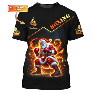 3D Full Print Boxing Santa T-Shirt - Fiery Christmas Fighter Personalized Name Gift For Boxing Lovers, All Over Printed