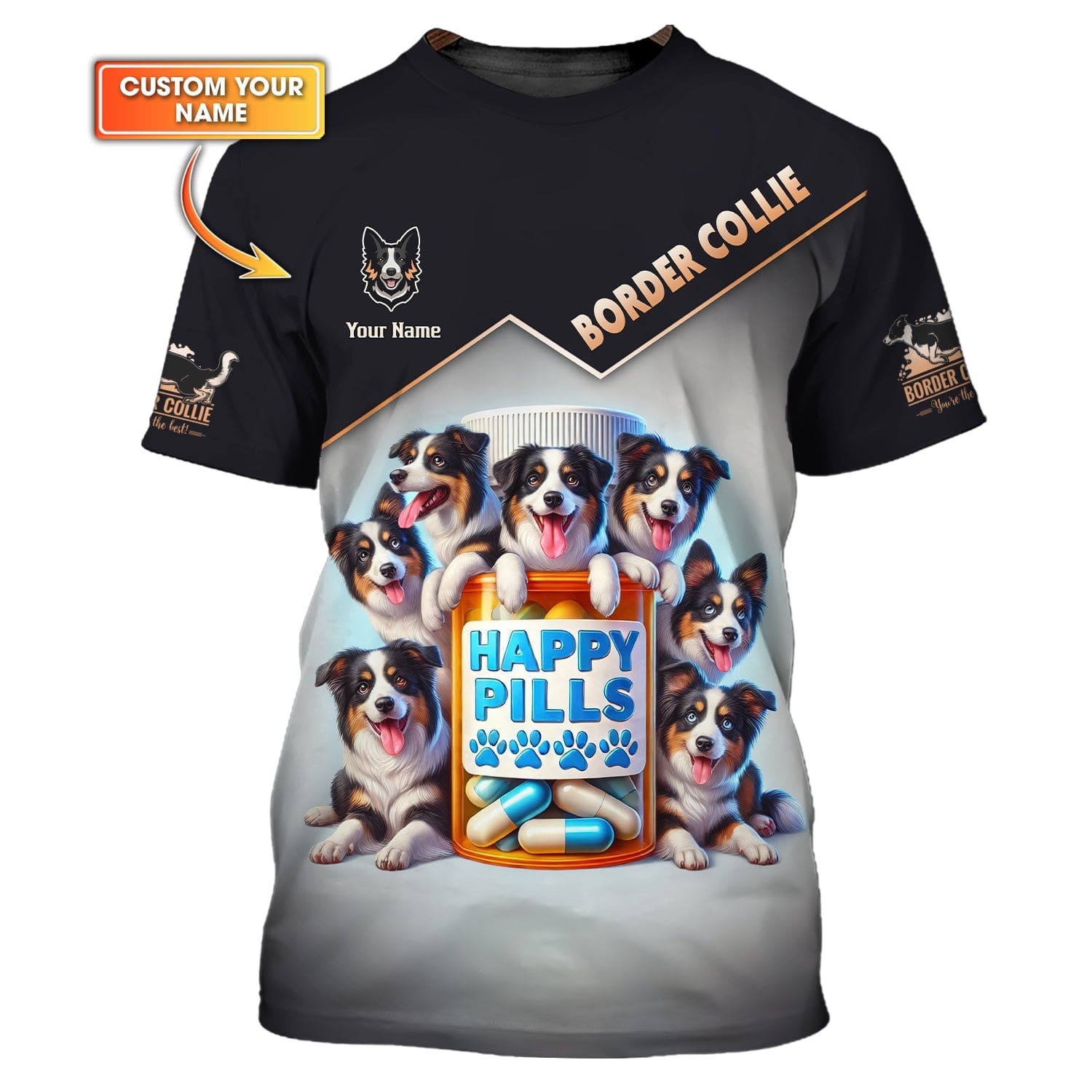 Border Collie Custom Name 3D Shirt Happy Pills Border Collie Gift For Dog Lovers, All Over Printed