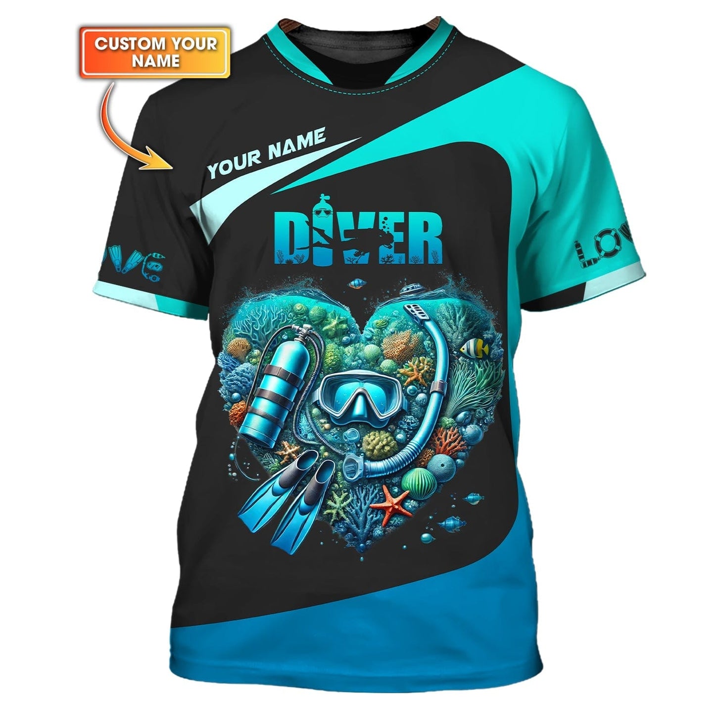 Scuba Diving Heart Custom Name 3D Shirt Personalized Gift For Diver Lovers, All Over Printed