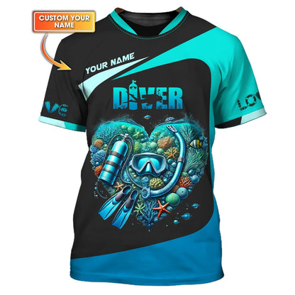 Scuba Diving Heart Custom Name 3D Shirt Personalized Gift For Diver Lovers, All Over Printed