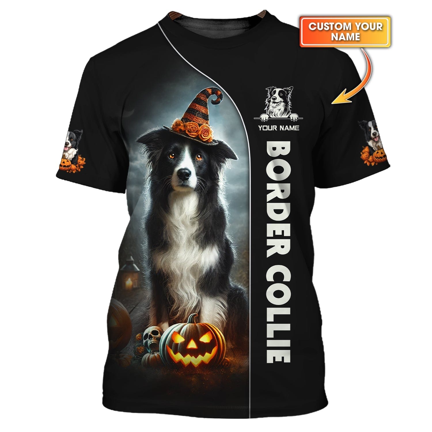 Border Collie Custom Name 3D Shirt Happy Halloween Gift For Dog Lovers, All Over Printed