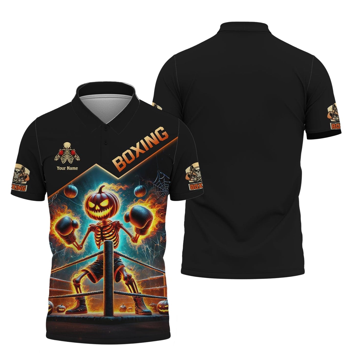 3D Full Print Skull Pumpkin Boxing T-Shirts Personalized Name Gift For Halloween Lovers, All Over Printed