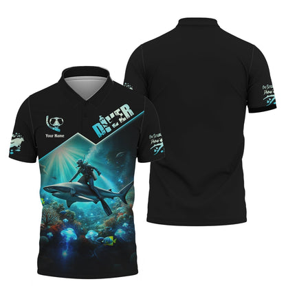 3D Full Print Diver T-Shirt Underwater Adventure With Sharks Personalized Name Gift For Diver Lovers, All Over Printed