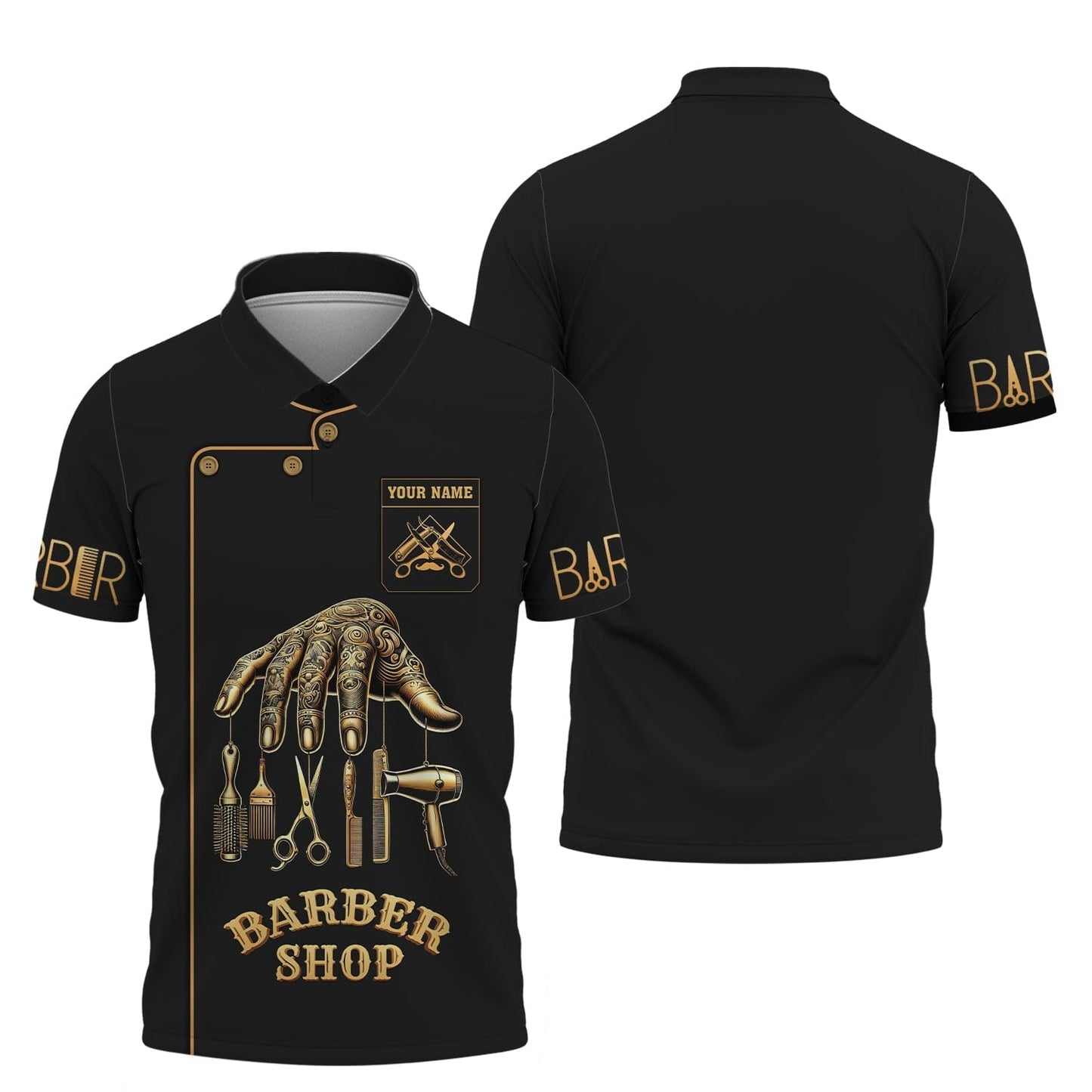 Barber Custom Name 3D T-Shirts Golden Hand In Barbering Shirt Gift For Barber Lovers, All Over Printed