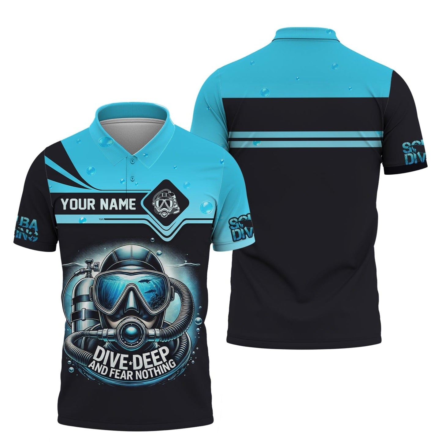 Scuba Diving Custom Name 3D Shirt Dive Deep And Fear Nothing Personalized Gift For Diver Lovers, All Over Printed