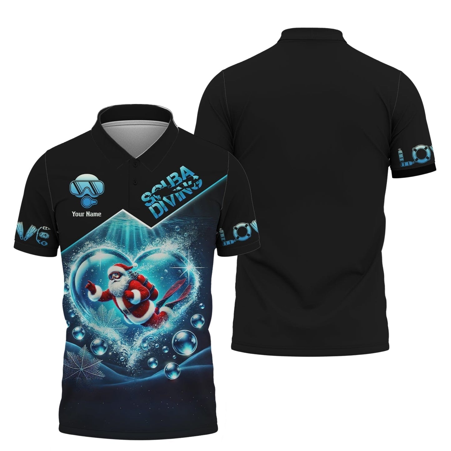 3D Full Print Santa Claus Scuba Diving Heart Shirts Personalized Name Gift For Diver Lovers, All Over Printed