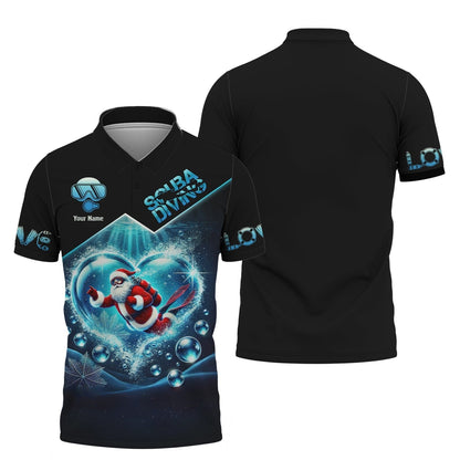 3D Full Print Santa Claus Scuba Diving Heart Shirts Personalized Name Gift For Diver Lovers, All Over Printed