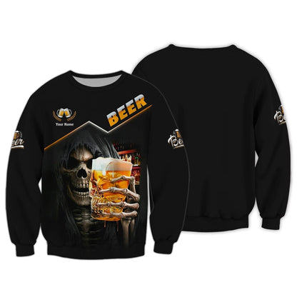 Beer Skull Cup Personalized Name 3D Zipper Hoodie Gift For Beer Lovers, All Over Printed