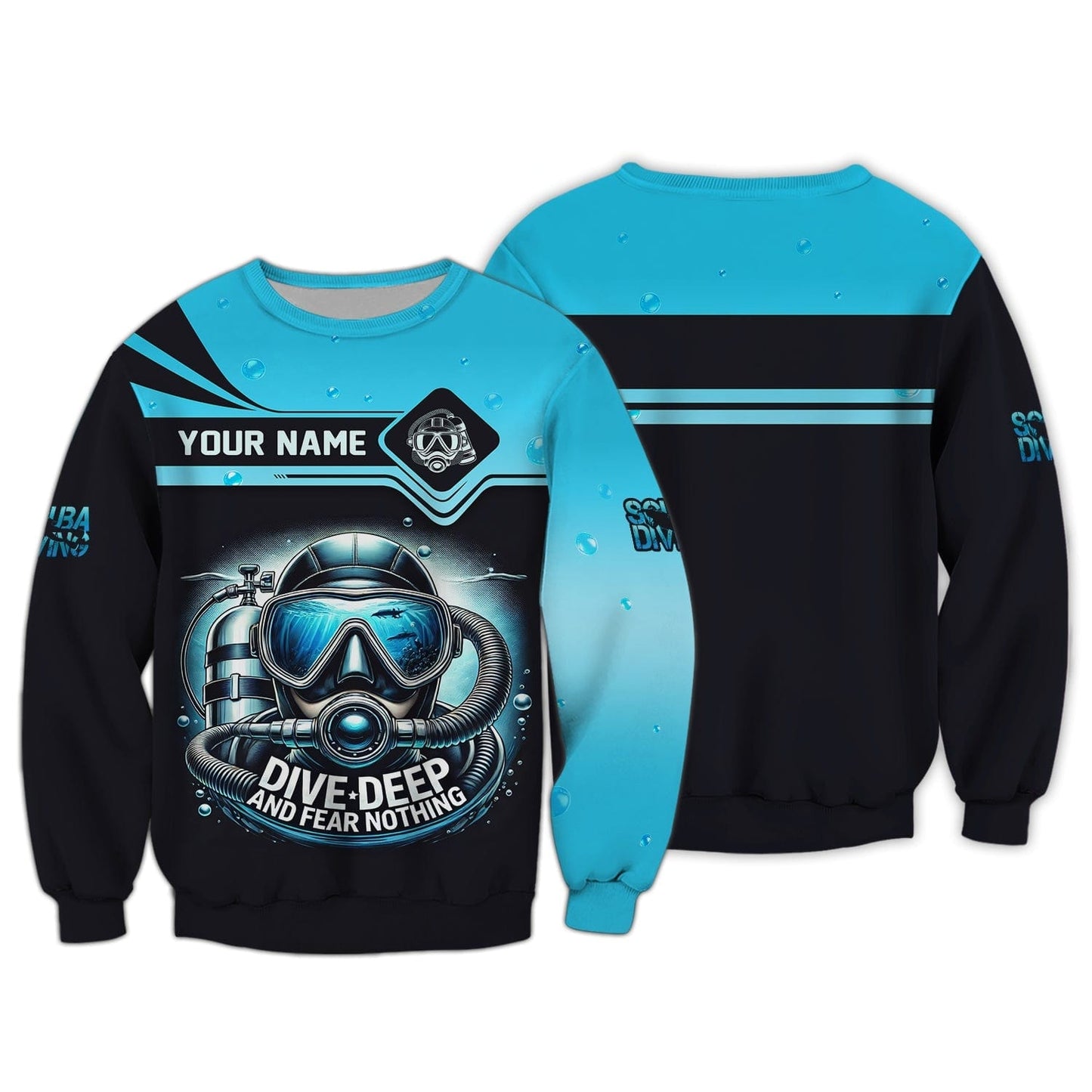 Scuba Diving Custom Name 3D Shirt Dive Deep And Fear Nothing Personalized Gift For Diver Lovers, All Over Printed